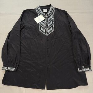 New Bob Mackie Wearable Art Black 100% Silk Embroider Tunic Blouse Top-L-5847